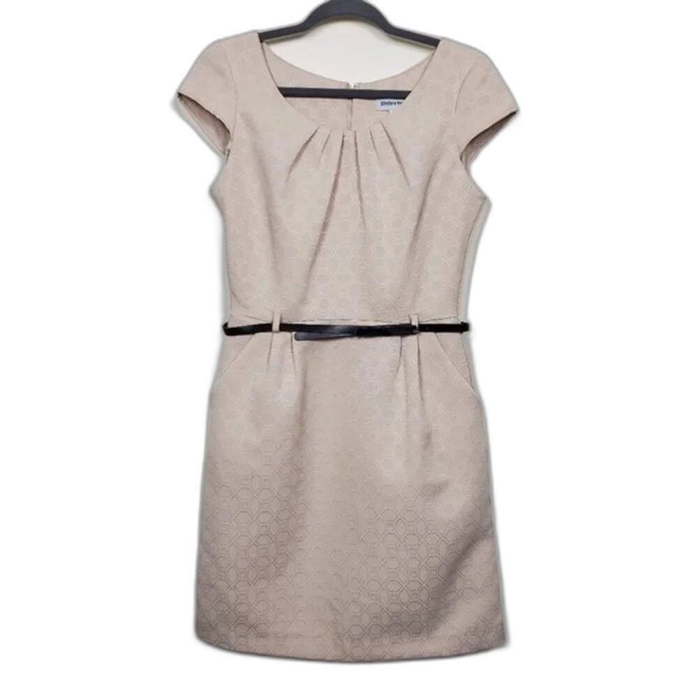 Vintage Shelby & Palmer Belted Sheath Dress Beige Textured Geometric Women Sz 8